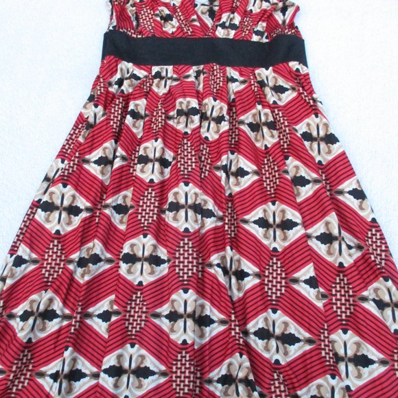 Badgley Mischka Midi Silk Dress Women’s 6 Red/Black Beaded Abstract Print Retro - Picture 10 of 16